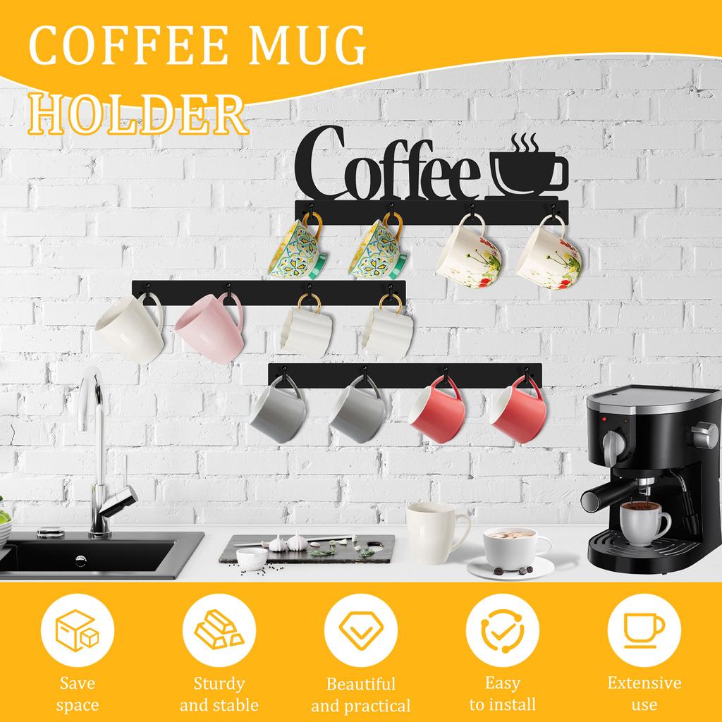 Metal Coffee Mug Holder Tea Cup Wall Hanger Decorative Wall Mounted Mug Rack With 12 Hooks Rust Proof for Coffee Bar Kitchen New
