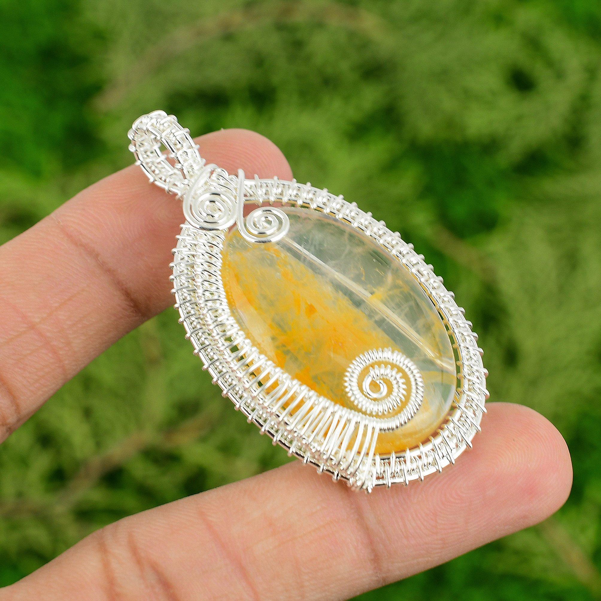 

Агат с перьями Драгоценный камень Серебро 925 пробы Ручная работа Оправа с проволочной обмоткой Новый кулон