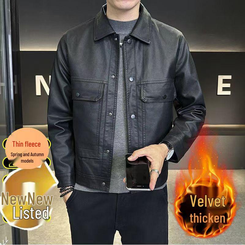 Chaqueta de Cuero con Solapa Ajustada para Hombre Otoño Invierno 2025 - Ropa Exterior Casual