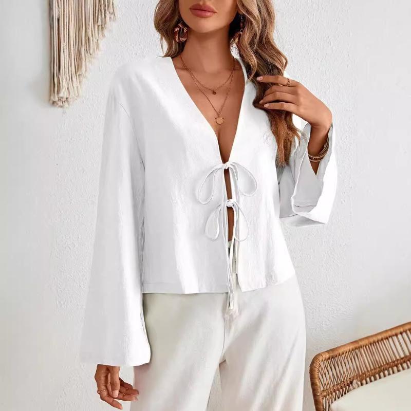 Blouses &Shirts Fashion Women's Clothing Lace-up Long-sleeved Top Shirt Casual Loose V-neck Hollow Solid Color