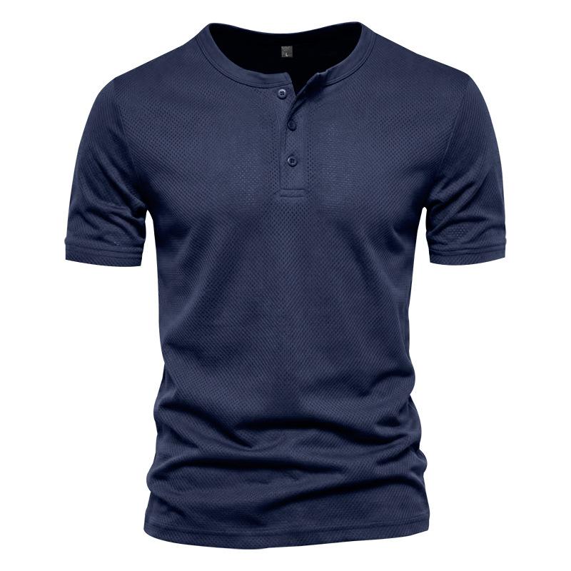 Men Henley Collar Short Sleeve Quick Dry Mesh Casual Sports Loose T Shirt