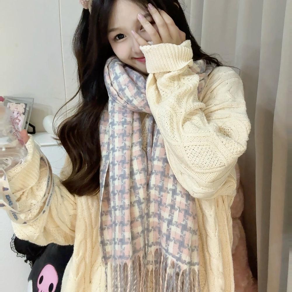 Sciarpa a Quadri Invernale da Donna, Stile Giapponese-Coreano Carino, Versatile Scaldacollo Caldo a Sciarpa