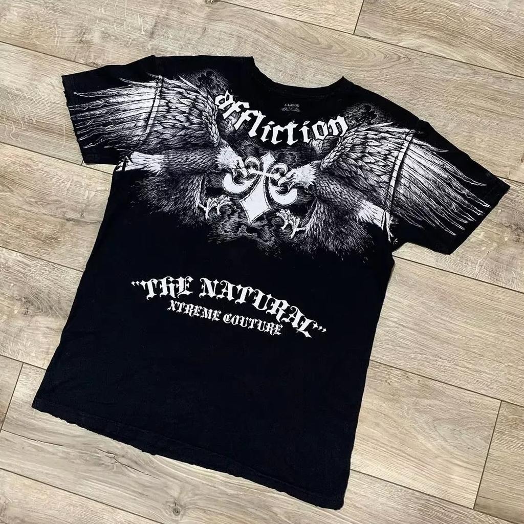 Dark Purple Street Affliction Big wing T shirt Vintage Clothing Punk Hip Hop Graphic Print Oversized tops Men Round Sleeve tee