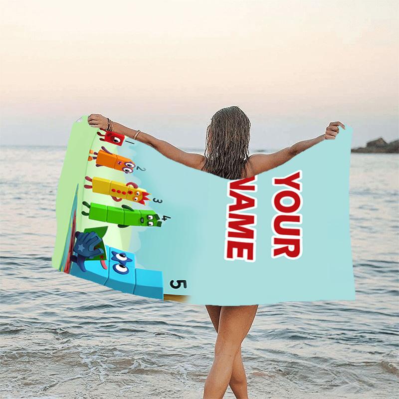 1pc 3D-Number-Blocks-Cartoon Beach Towel with Custom Name, Beach/Swimming/Bath/Picnic/Camping Towel, Suitable for Seaside Beaches