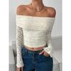Women's Floral Lace Off The Shoulder Tees Long Sleeve Shirts Tight Fitted Going Out T-Shirt Crop Tops