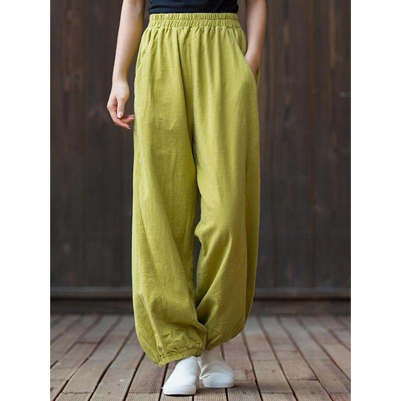 Johnature Damen-Hose aus Leinen mit weitem Bein, 8 Farben, Vintage, elastische Taille, Frühlingshosentaschen, lockere, lässige lange Damenhose