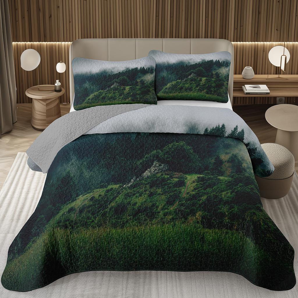 Přehoz na postel Queen/Twin s lesním motivem, Sada prošívané přikrývky s přírodní scenérií, Měkká lehká botanická přehoz na postel se stromem, Rustikální selská ložní souprava