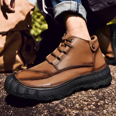 Men'S Casual Shoes Retro Winter Plush Ankle Boots Lace-Up Genuine Leather Outdoor Men'S Boots High Quality Antiskid Cowboy Botas