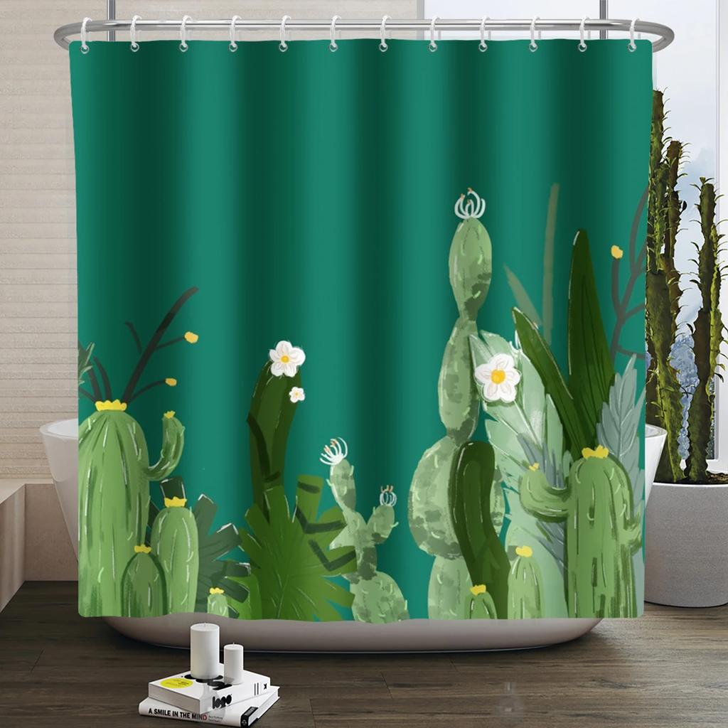 Tropical Cactus Print Shower Curtain Boho Plant Pattern Waterproof Fabric Shower Curtains Modern Bathroom Decor With Hooks