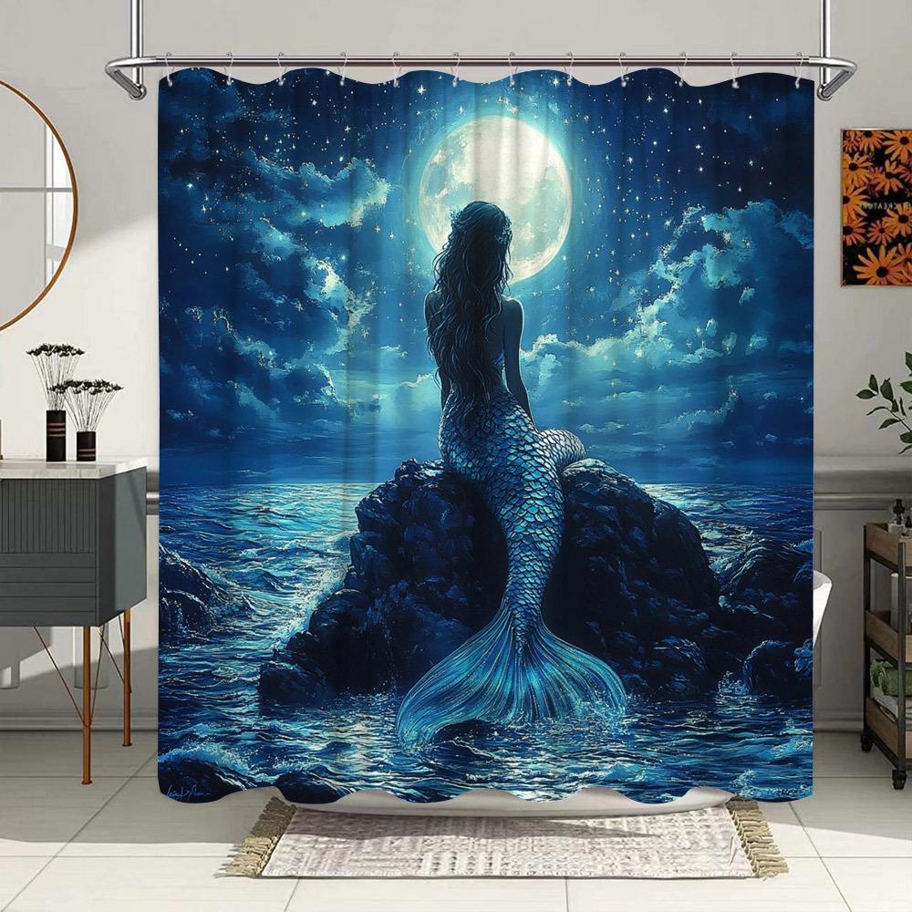 Textile Article Blue Mermaid Moonlit Ocean Shower Curtain - Fantasy Ethereal Style, Cool Landscape, Water-Resistant Polyester