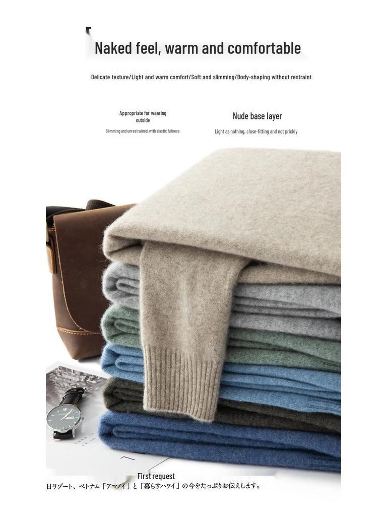 Men's Pure Cashmere Round Neck Sweater: Thick, Loose-Fit, Solid Color Knit for Autumn and Winter.