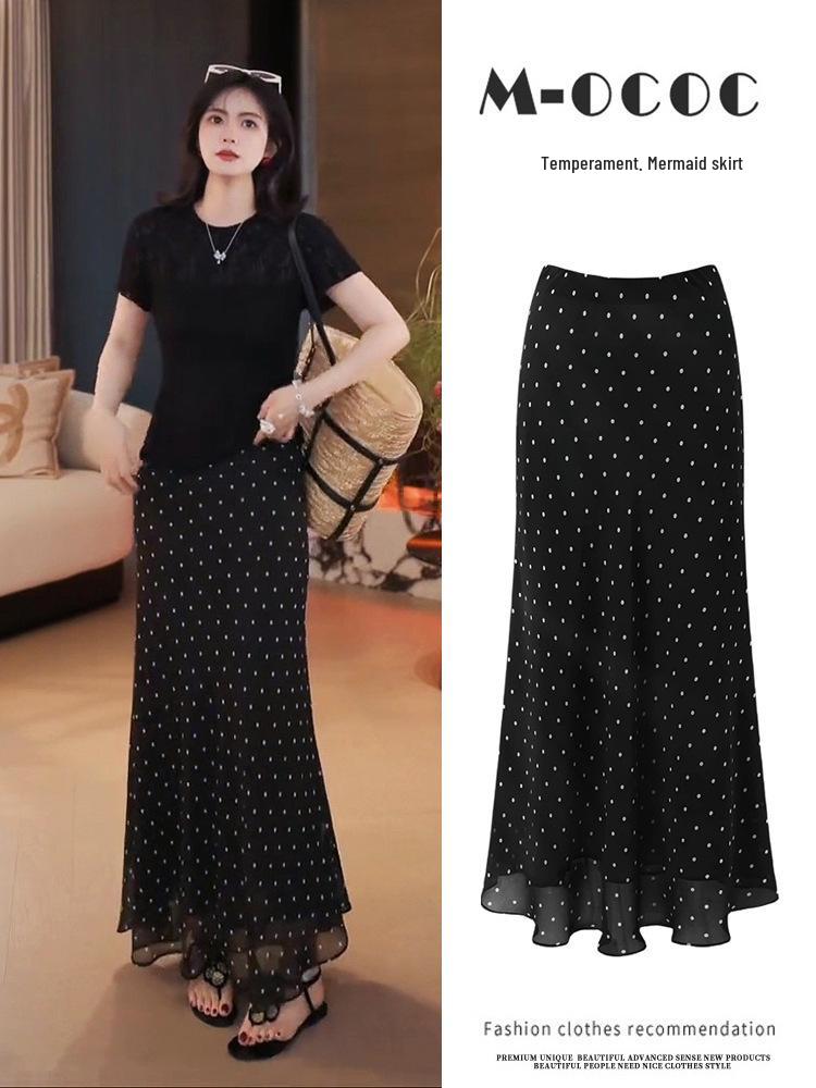 Polka Dot High-Waist Chiffon Fishtail Skirt - Women's Retro Style, Summer 2025 Arrival, Medium-Long Hip-Hugging Design, Hong Kong Fashion.