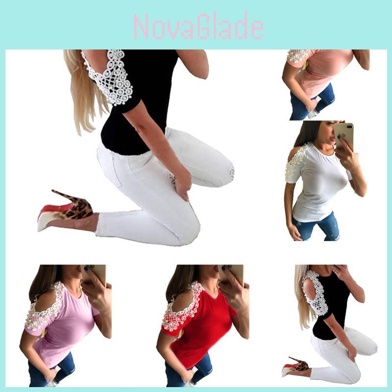 Trendy Women Short Sleeve Off Shoulder Lace Splice Blouse With Comfortable Fit