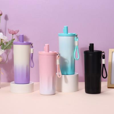 Stainless Steel Vacuum Insulated Tumbler With Straw Lid Carry Rope 600ml Portable Travel Coffee Cup Office Outdoor