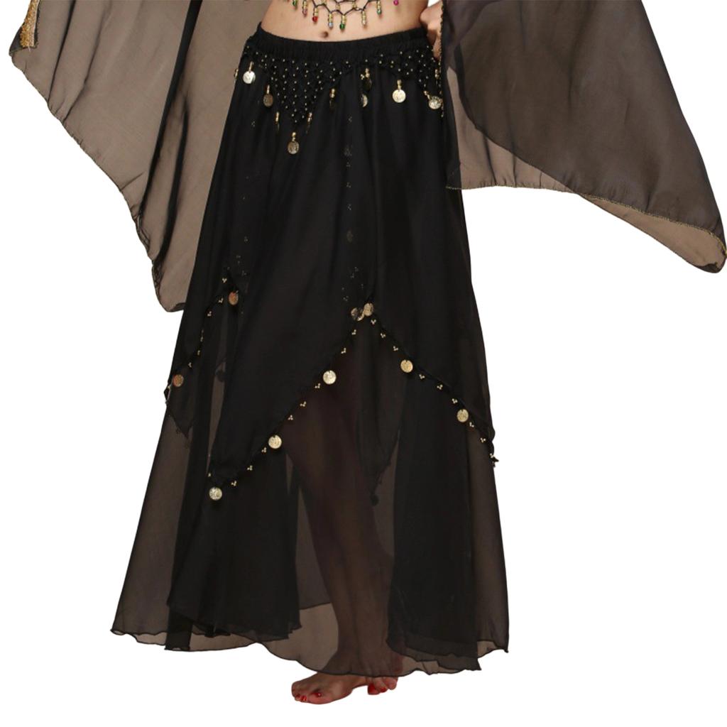 Ladies' Belly Dance Skirt Hanging Coin Skirt Chiffon Big Swing Skirt Performance Dress Shining Stage Performance Dress Shining Half Body Skirt