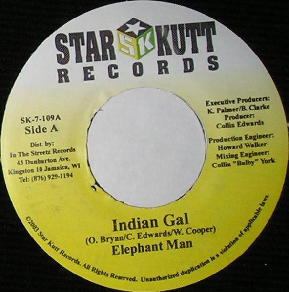

7-дюймовая пластинка ELEPHANT MAN - Indian Gal SK7109 Star Kutt Recor Ямайка Регги, Ска и Даб Б/У