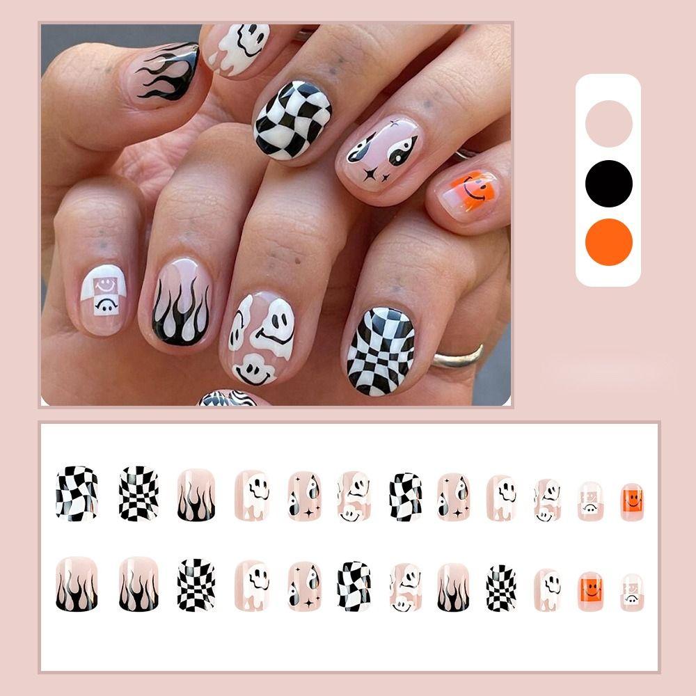 

Punk Style Wearable Short Nails Pumpkin Press on Nail Tips French Manicure Decoration