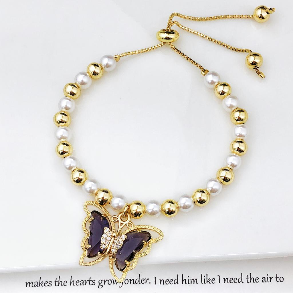 Luxury Butterfly Crystal Zircon Copper Bead Pearl Chain Bracelet Charming for Women Girls Daily Party Wrist Jewelry Wholesale