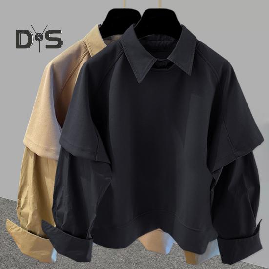 Pánská košile klopa dlouhý rukáv jednobarevná prošívaná falešný dvoudílný design pulovrové topy volný střih ležérní košile pracovní oděv