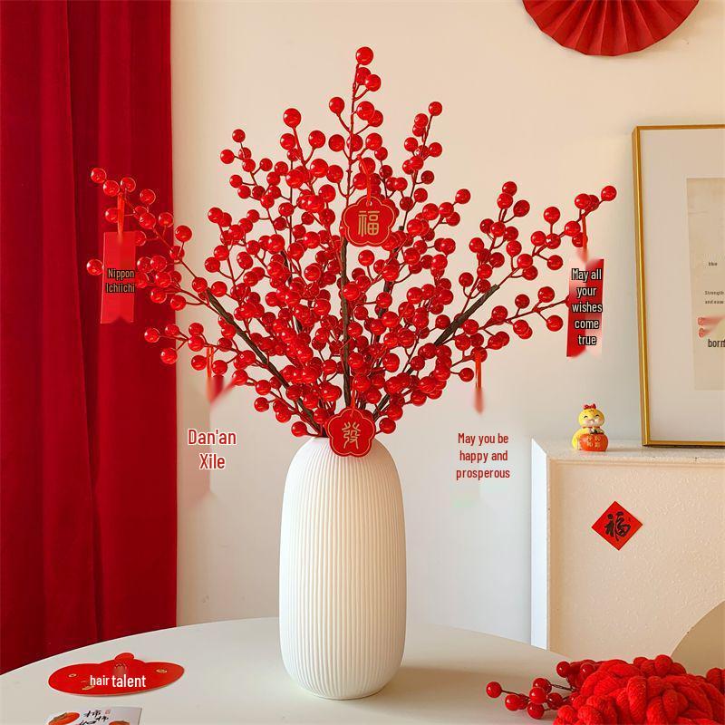 Winterberry Red Berries Artificial Flower Arrangement - New Year Housewarming Decoration for Living Room Ornaments