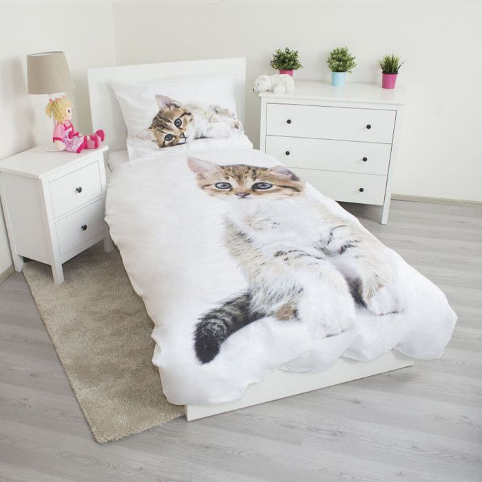 Housse de couette - GENERIQUE - Chaton Tigré - 140 x 200 cm - 100% coton - Réversible - Lavable en machine