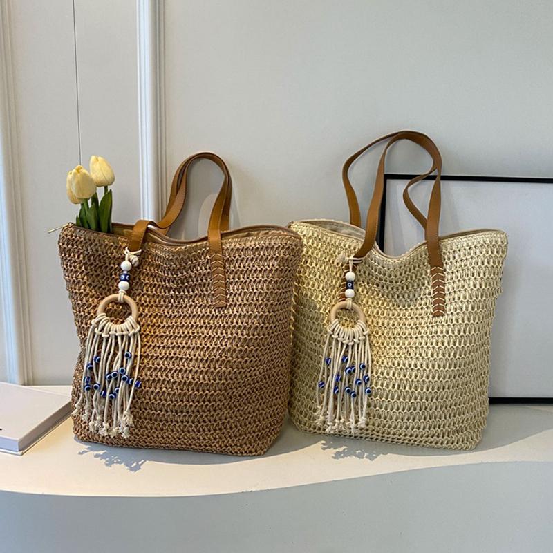 Women Crochet Beach Handbag With Tassel Weaving Travel Handbag Zipper Closure Retro Straw Handbag Ladies Premium