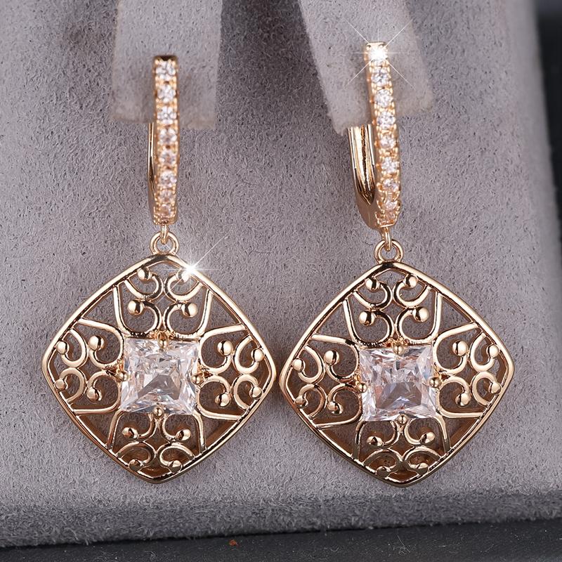 Vintage Gold Color Hollow Pattern Long Dangle Earrings for Women White Square Zircon Earrings Wedding Jewelry