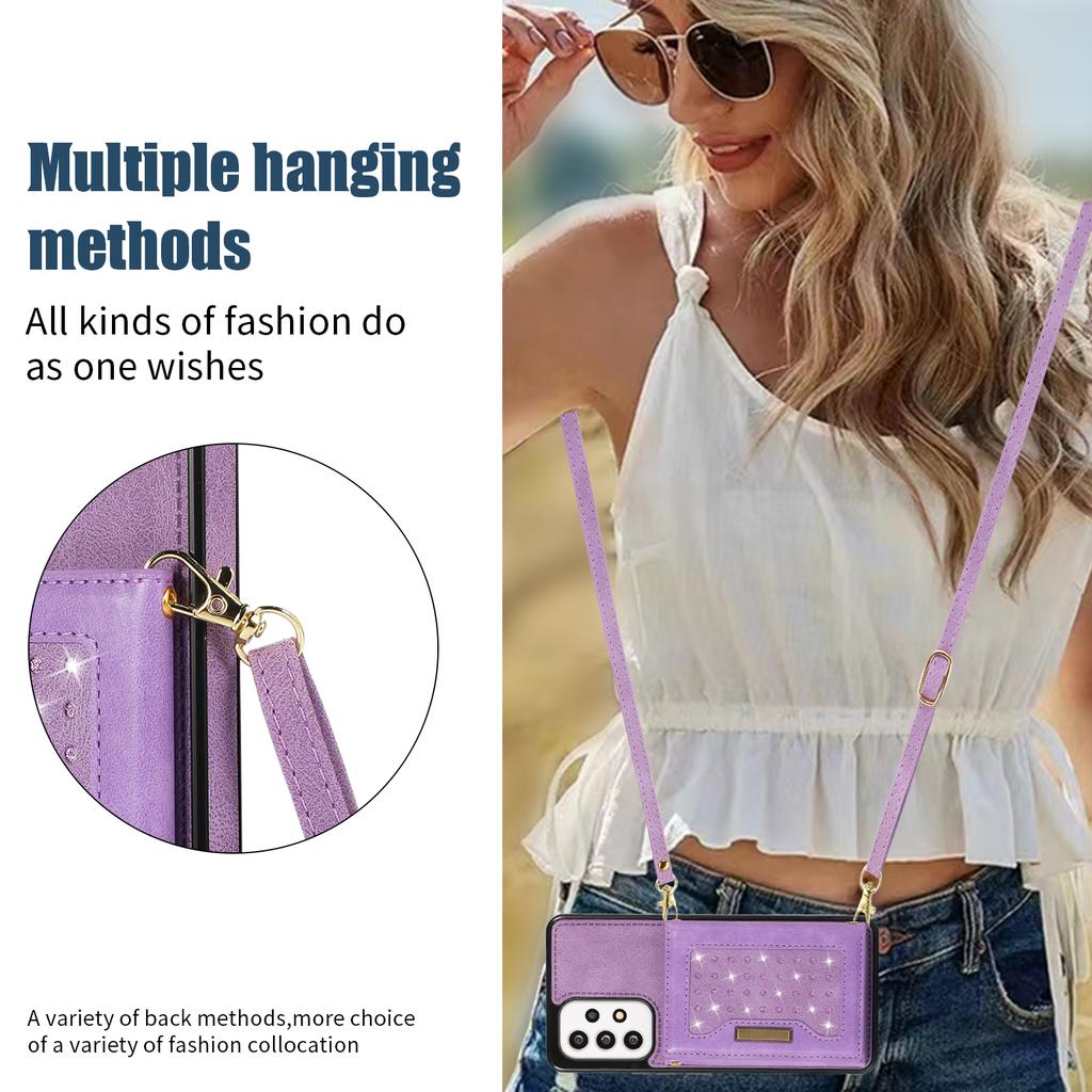 Lanyard Crossbody Wallet Leather Cards Solt Bag Cover for Samsung Galaxy S23 S22 Ultra S21 FE A54 A52s A72 A53 5G Glitter Case