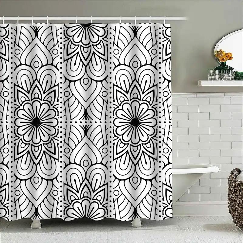 

Modern Black White Floral Shower Curtain Decorative Bathtub Fabric Panel for Bathroom Polyester Material with Rod Pocket (180cm 90x180cm