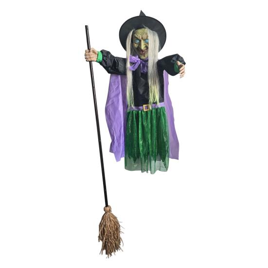 6 FT Halloweenská létající čarodějnice dekorace Hlasem aktivovaná animatronická čarodějnice na koštěti se svítícíma očima pro zahradu dvůr trávník venkovní vnitřní dekorace