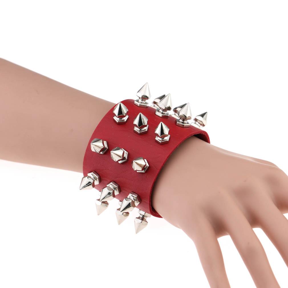Punk Spike Studded PU Leather Bracelet for Men Women 3-Row Cone Rivet Cuff Wristband Gothic Jewelry