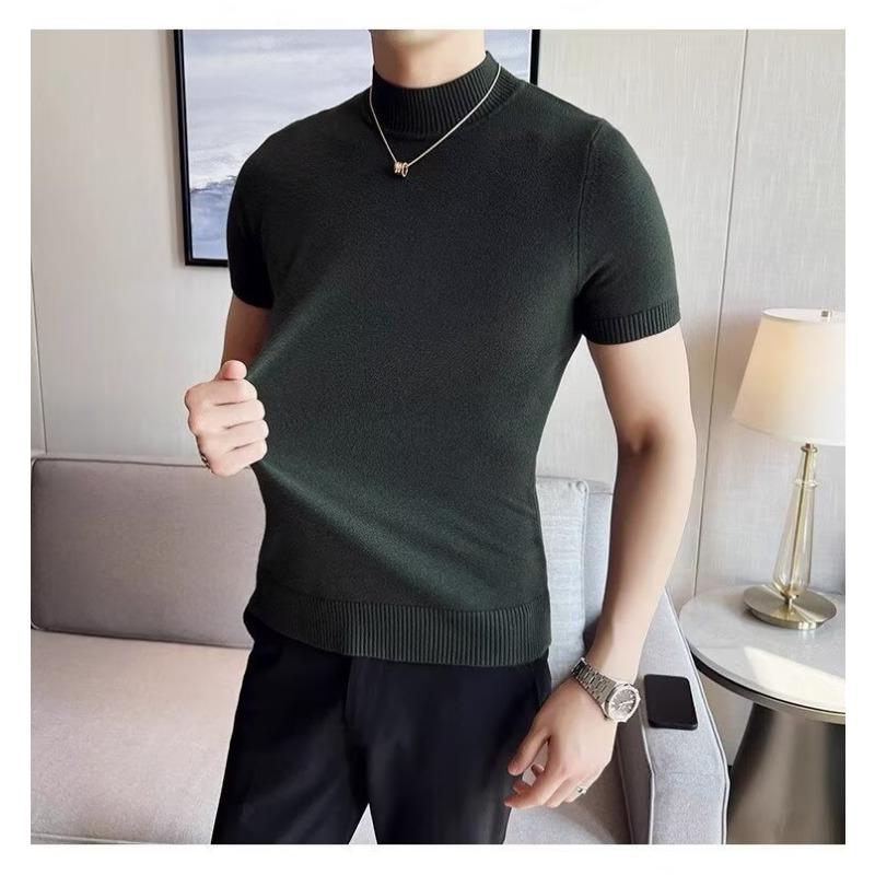 Men Half Turtleneck Short Sleeve Knit Shirt Slim Fit Solid Color Casual Pullover