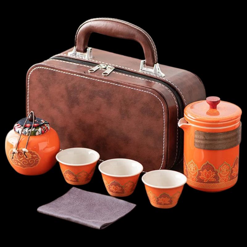 Portable Ceramic Kung Fu Tea Set with Leather Bag