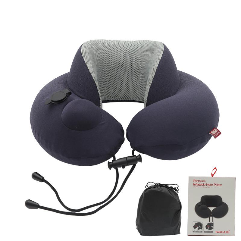 Cationic U Shape Inflatable Neck Pillow Double Layer Modern Simple Design Comfortable Travel Support Gift Box 27x17x10cm темно-синий