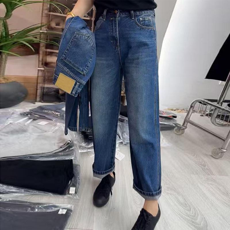 

Осенние джинсы прямого кроя больших размеров для женщин, ретро, свободные, укороченные брюки, брюки широкие 3XL синий