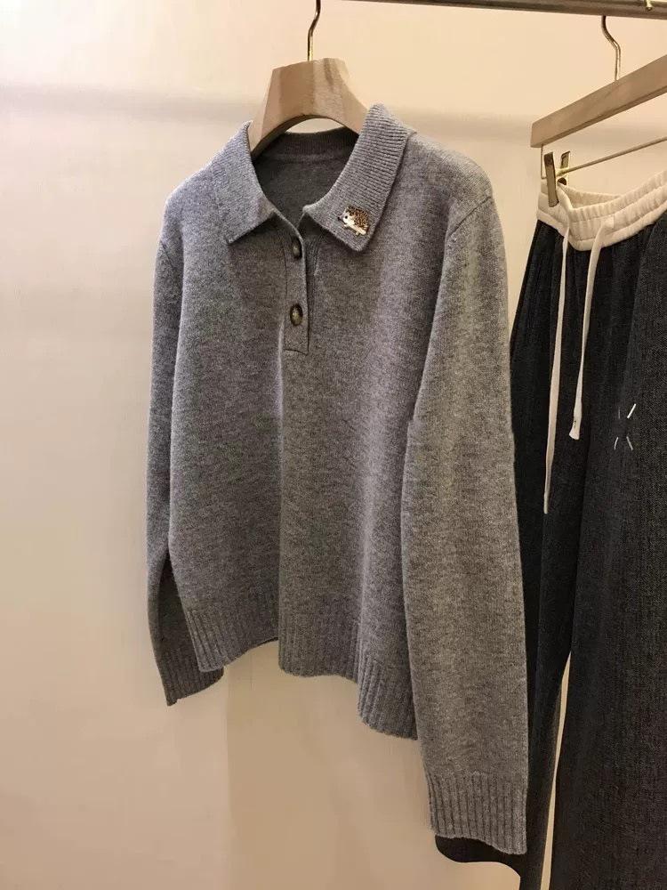 Celebrity Style Hedgehog Embroidery Cashmere Polo Collar Knitwear Women's Spring Autumn Loose Sweater Base Layer Wool Sweater