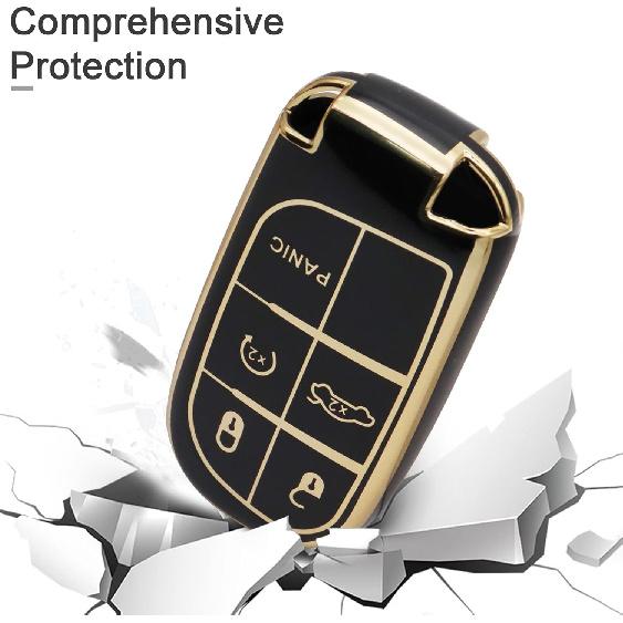 SUNCARACCL for Jeep Key Fob Cover with Leather Keychain, Soft TPU Full Cover Protection Key Case for Grand Cherokee Renegade Dodge Durango Challenger