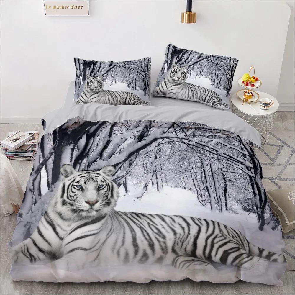 3D Bedding Set Black Duvet Quilt Cover Set Comforter Cover Pillowcase King Queen Size Animal Tiger Printed Polyester Quilt Cover
