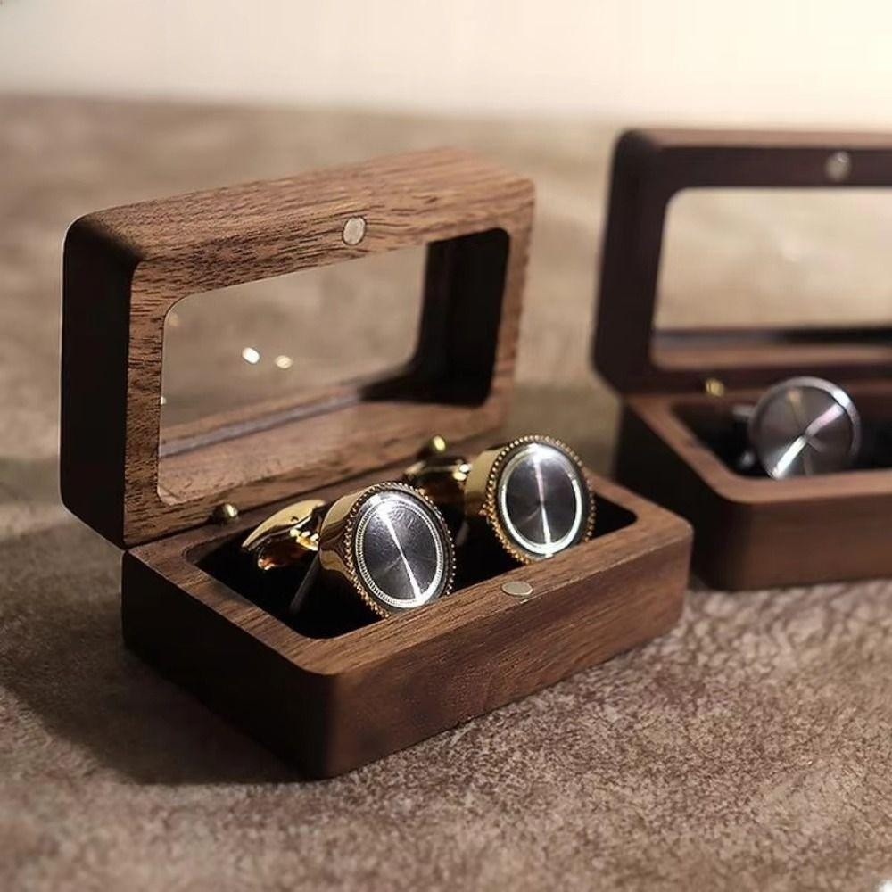 Double Slot Wooden Ring Box Opening Window Jewelry Ring Holder Black Walnut Cufflinks Box  Couples