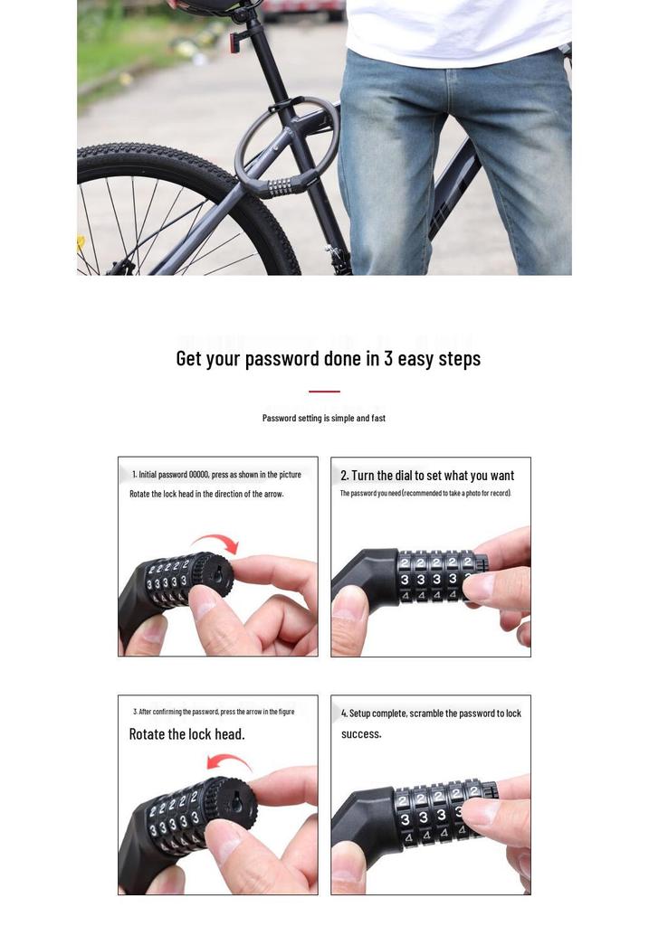 Portable Frosted Steel Cable Bicycle Lock with Anti-Theft Combination for Mountain Bikes and Electric Vehicles