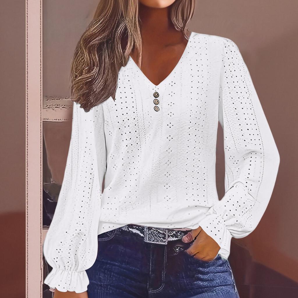 Women's V-neck T-shirt With Spring  Hollow Out Casual Pleated Sleeve Top