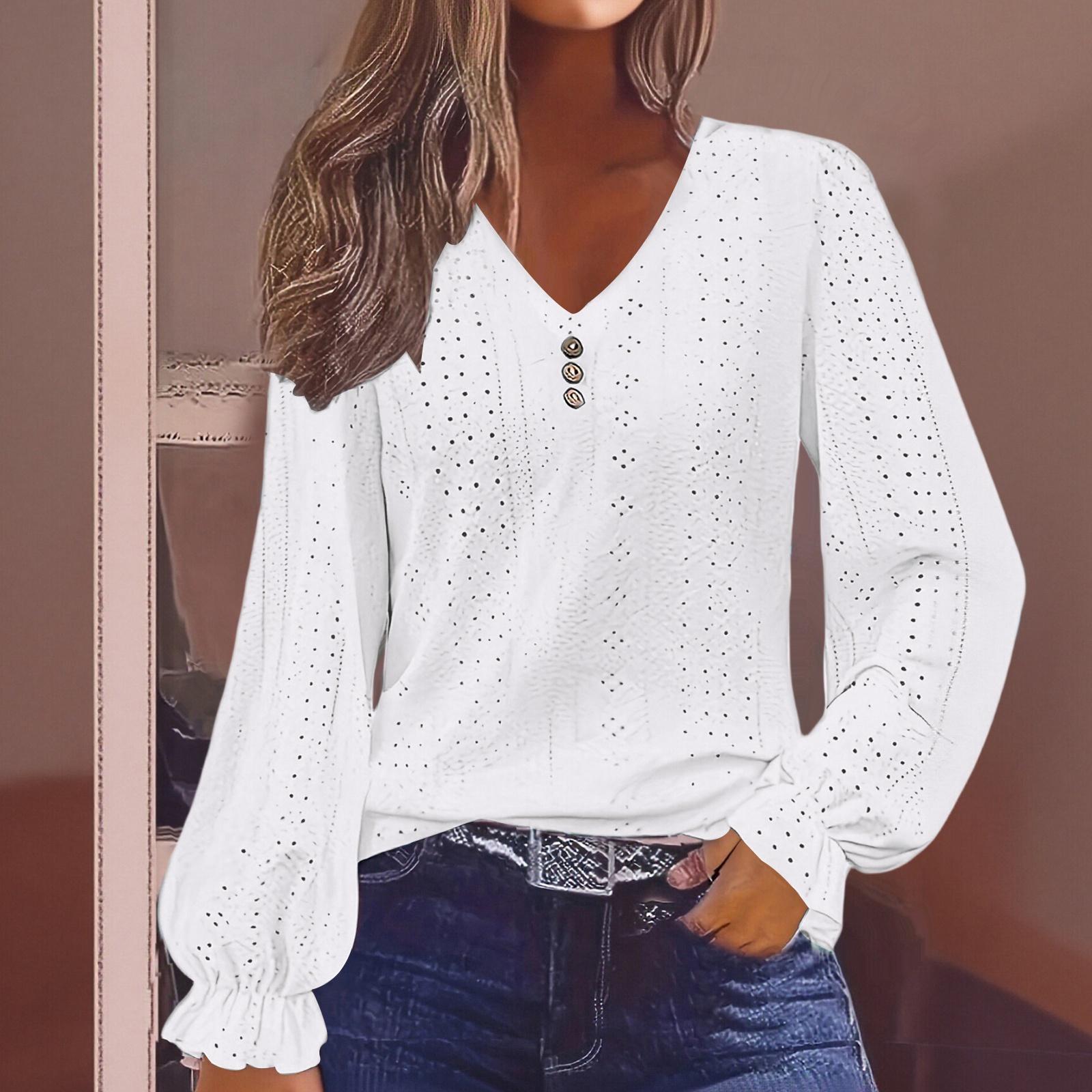 

Women s V-neck T-shirt With Spring Hollow Out Casual Pleated Sleeve Top XXL