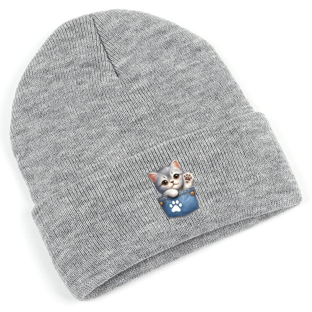 Pocket Cute Cat Print Knit Cap Beanie, Print Pompom Beanies Hip Hop Versatile Elastic Slouchy Knitted Cap Beanie