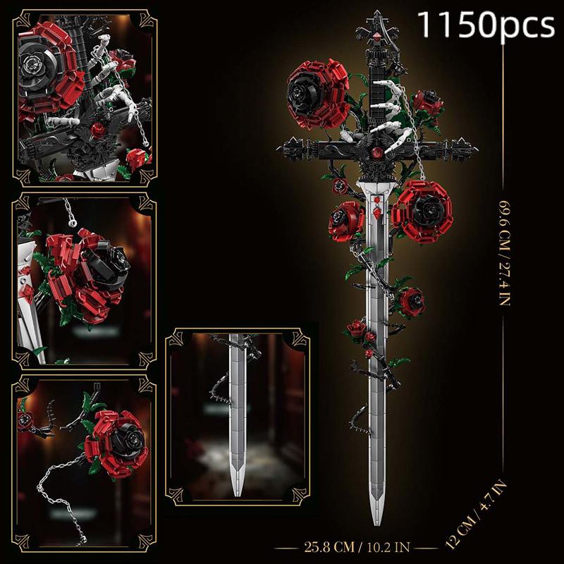 Black Thorn Sword Rose Building Blocks Gothic Style High Difficulty Assembly Model Creative Ornament Dark Style Gift