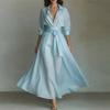 2026 Womens Solid Color Fitted A-Line Long Dress With Waist Tie High Sleeveless Or Short Sleeve