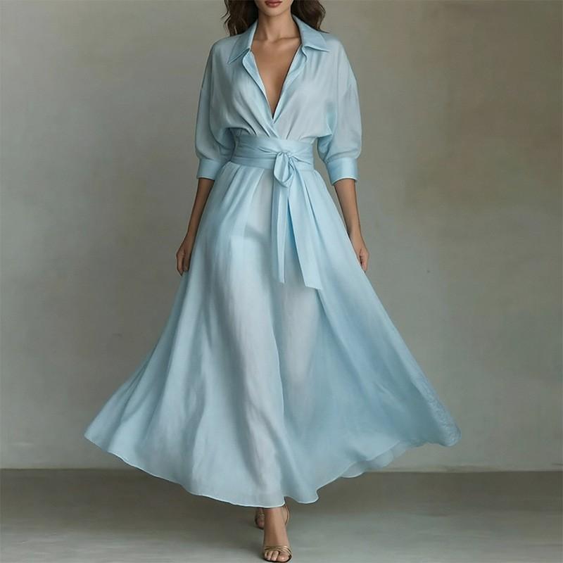 2026 Womens Solid Color Fitted A-Line Long Dress With Waist Tie High Sleeveless Or Short Sleeve