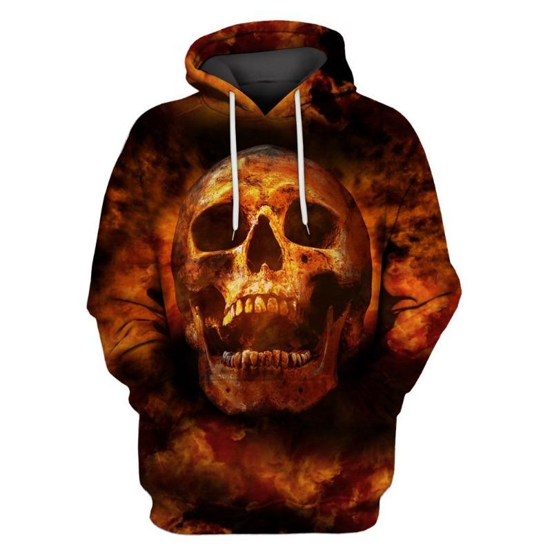 Autumn Vintage Hoodie Men Skull Flaming Graphic 3D Print Hip Hop Style Casual Men's Long Sleeve Oversize Comfortable Clothing
