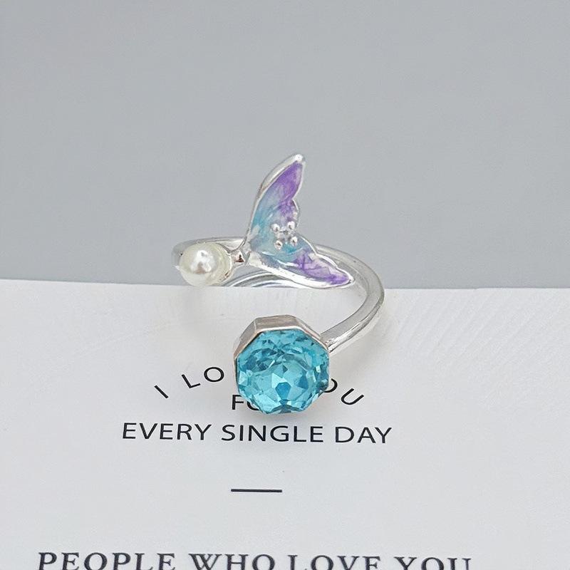 White Delicate Smudging Gray-Green Retro Enamel Butterfly Personalized Opening Ring Female Flower Advanced Sense Super Fairy Ring