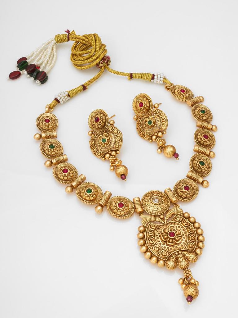 Gold-Plated White Stone-Studded & Beaded Temple Jewellery Set