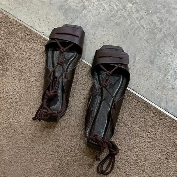 Cowhide version~ niche square head flat bottom Roman sandals women's 2025 summer fashion anklet cross strap cool slippers